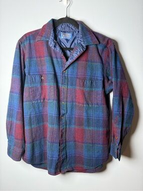 Vintage Pendleton Wool Shirt Jacket L Blue Burgundy Plaid USA Virgin Wool READ